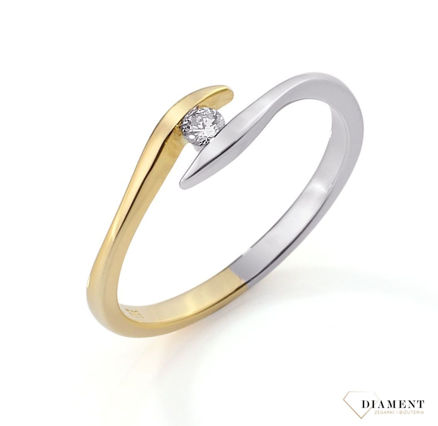 Pierścionek złoty DIAMENT żółte i białe złoto, jeden diament. Pierścionki zaręczynowe R39804DYW..jpg